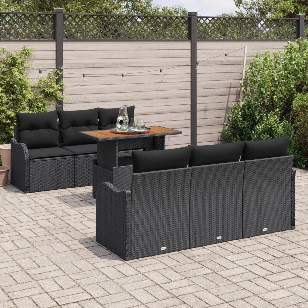Set Divano Giardino 7 Pezzi con Cuscini Rattan Poli Nero Acacia
