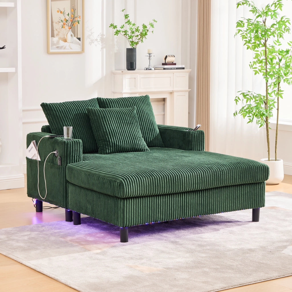 OKWISH Chaise Longue con USB, LED e Portabicchieri, Schienale Ergonomico, Velluto a Coste Smeraldo, 142 × 128 × 85 cm