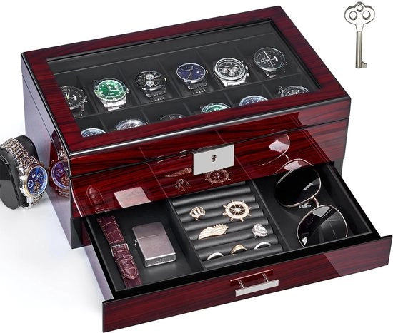 Cassa orologio in legno 2 in 1 - 12 compartimenti - 34 x 20,3 x 15,3 cm