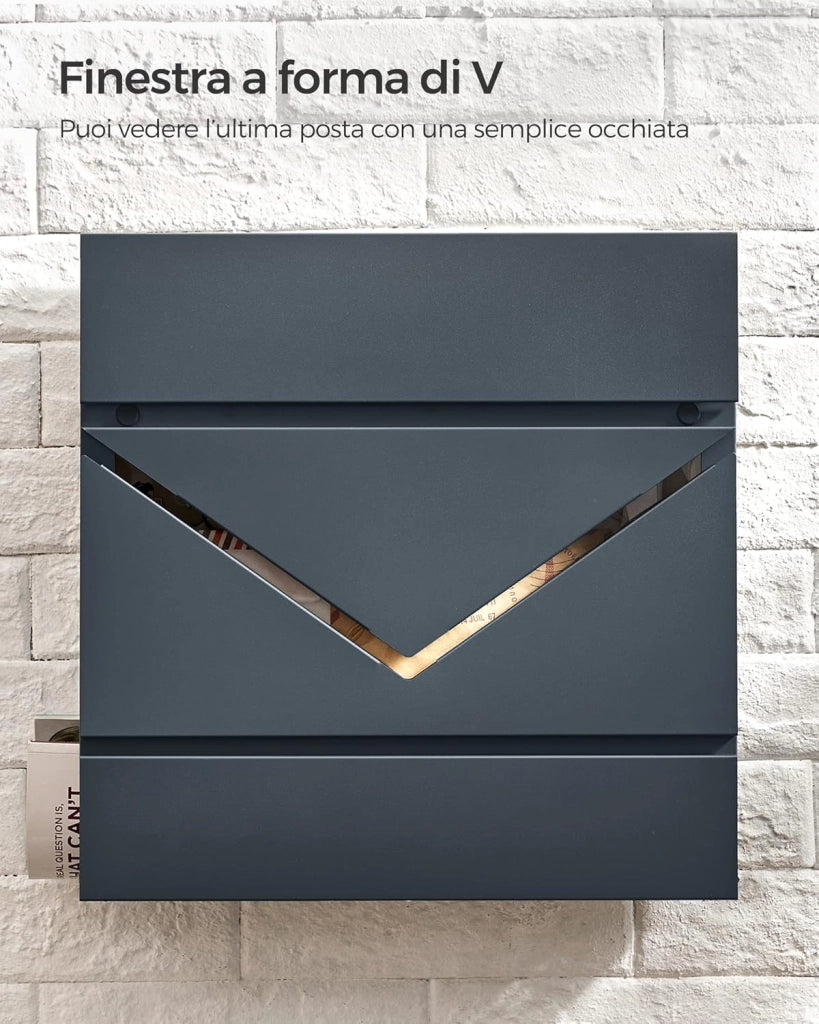SONGMICS Cassetta Postale, Finestra a V, Cassetta Posta da Parete con Serratura, Coperchio, Vano Portagiornale, Facile da Montare, Grigio Antracite GMB054G01