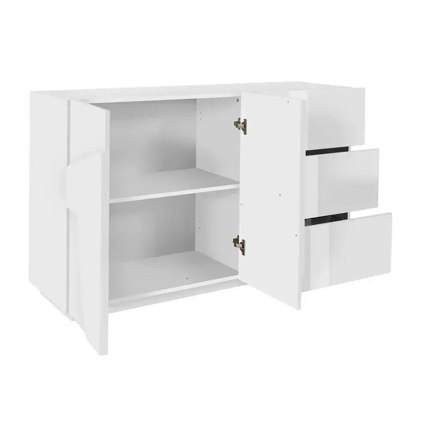 Credenza Moderna a 2 Ante Battenti e 3 Cassetti in Bianco Lucido PING