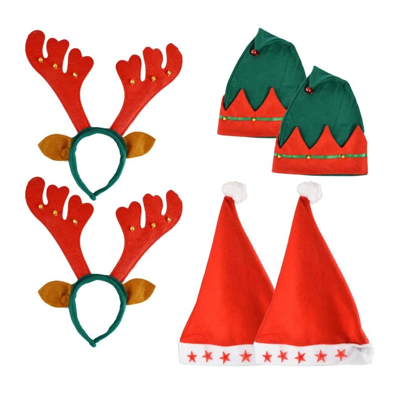 MAURY'S SET DI 2 CERCHIETTI RENNA DI NATALE, DUE CAPPELLI DA ELFO E DUE CAPPELLI DA BABBO NATALE CON LUCINE LED