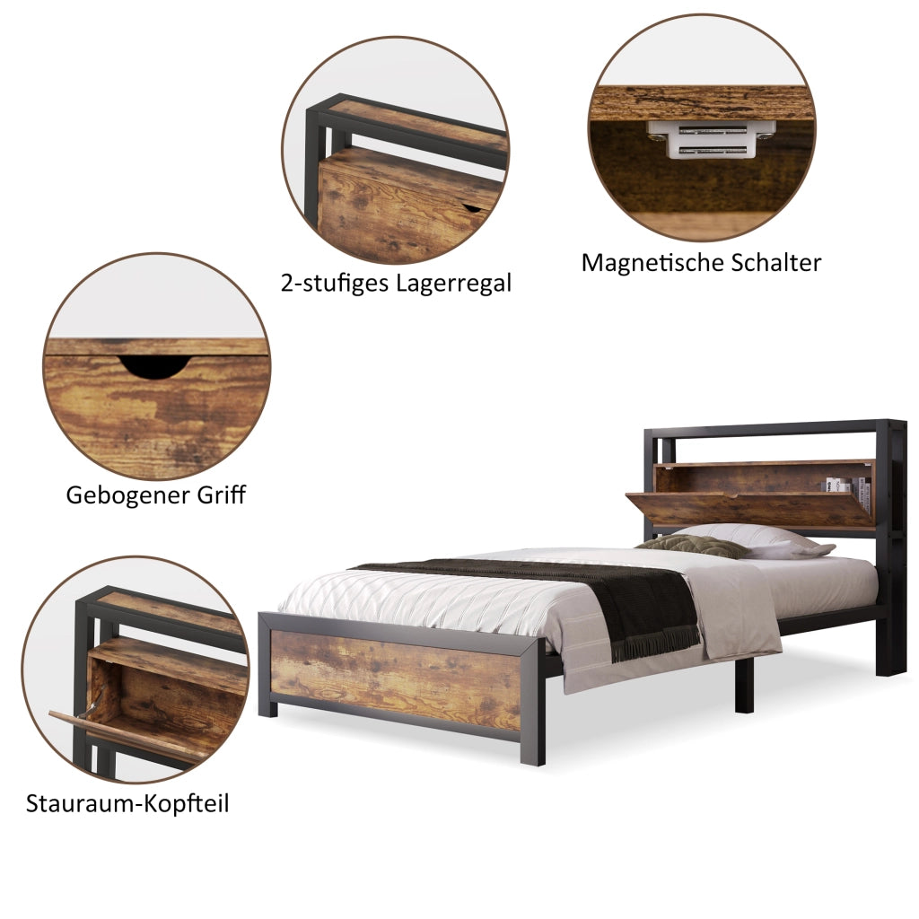 LETTO 90x200 cm in metallo e legno con testiera contenitore, naturale
