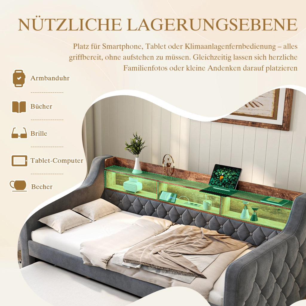 Letto estraibile 90 × 190 cm con contenitore, USB Type-C e LED regolabile, senza materasso, in velluto grigio scuro