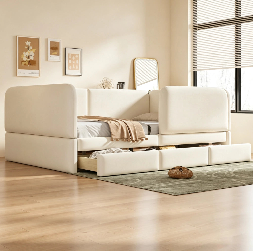 Letto per bambini 140x200 cm imbottito in velluto con 3 cassetti; beige