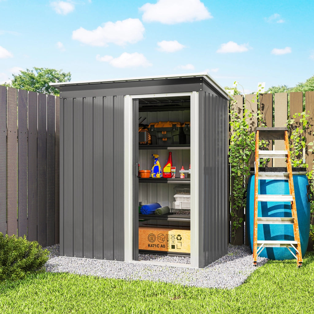 Capanno Box Attrezzi 163x89x182 cm con Tetto Inclinato e Porta Scorrevole in Acciaio e PP Grigio Chiaro