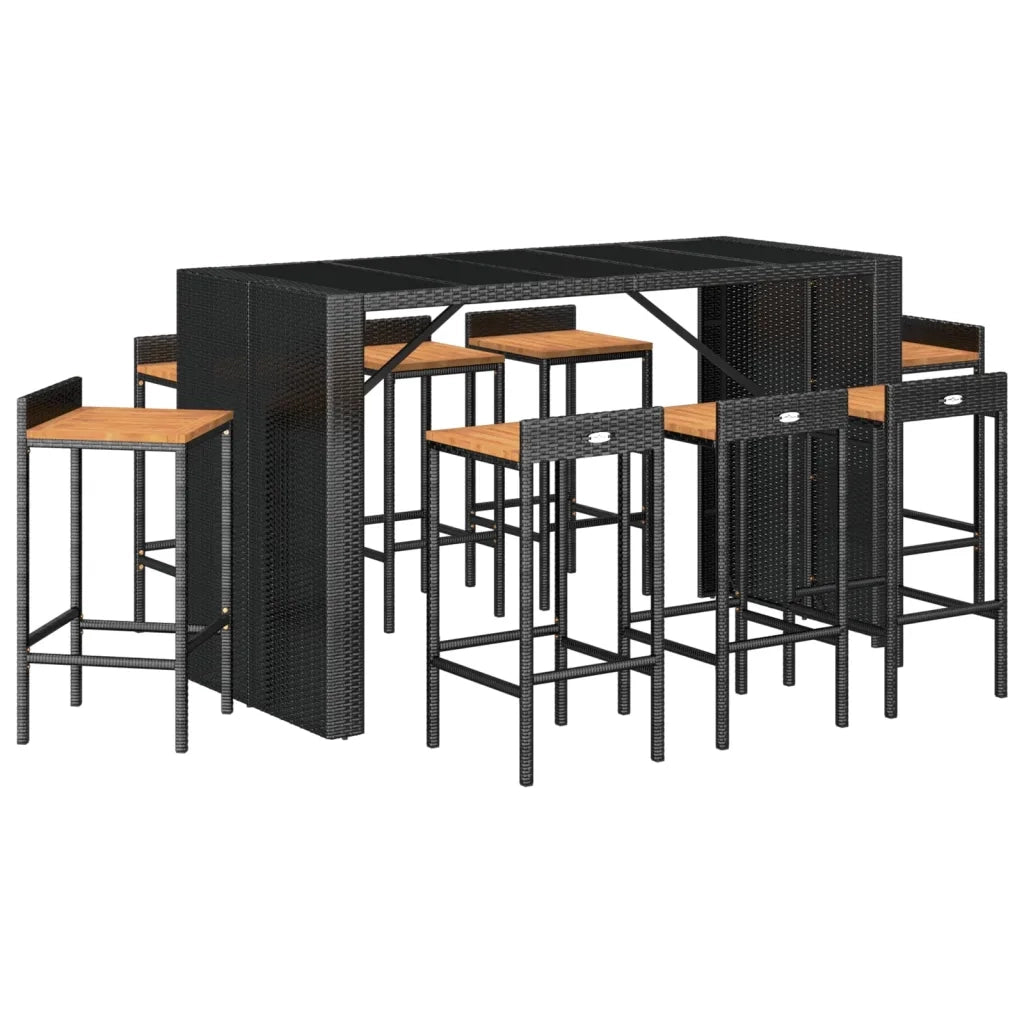 Set Bar Giardino 9 pz Nero Polyrattan e Legno Massello Acaciacod mxl 124614