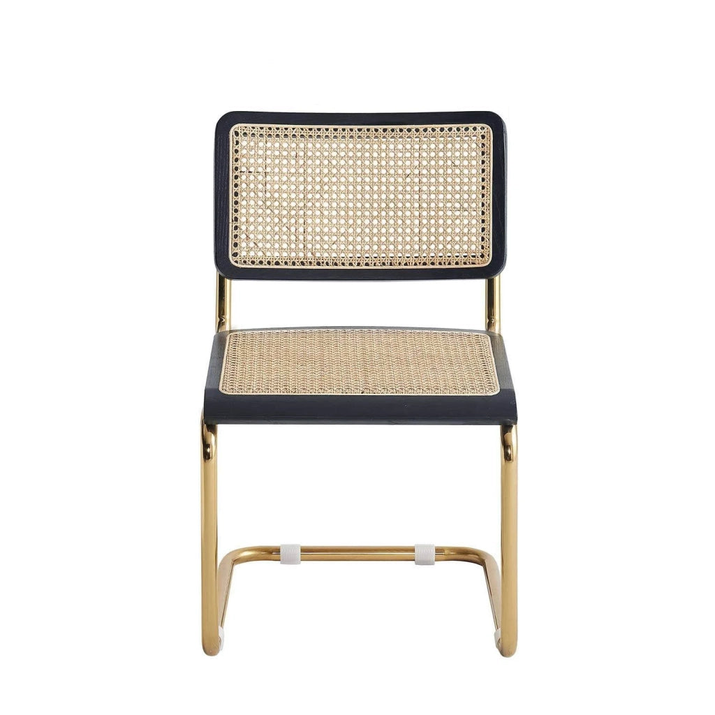 LÚZETE - SEDIA WEBSTER RETA NERA RATTAN NATURALE GAMBE DORATE
