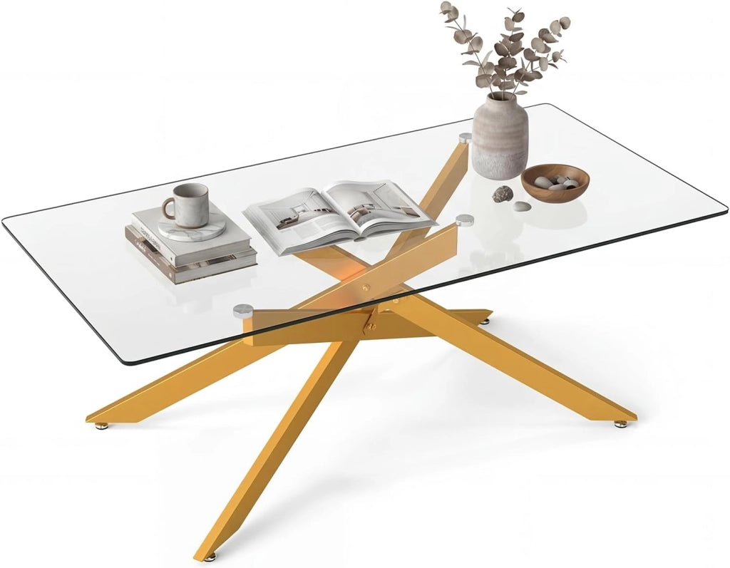 Tavolino da Salotto con Piano in Vetro Temperato, Gambe Incrociate e Piedini Regolabili, Tavolo Basso in Stile Industriale per Soggiorno, Camera da Letto, Ufficio, 120 X 60 X 45,5 CM (Argento)