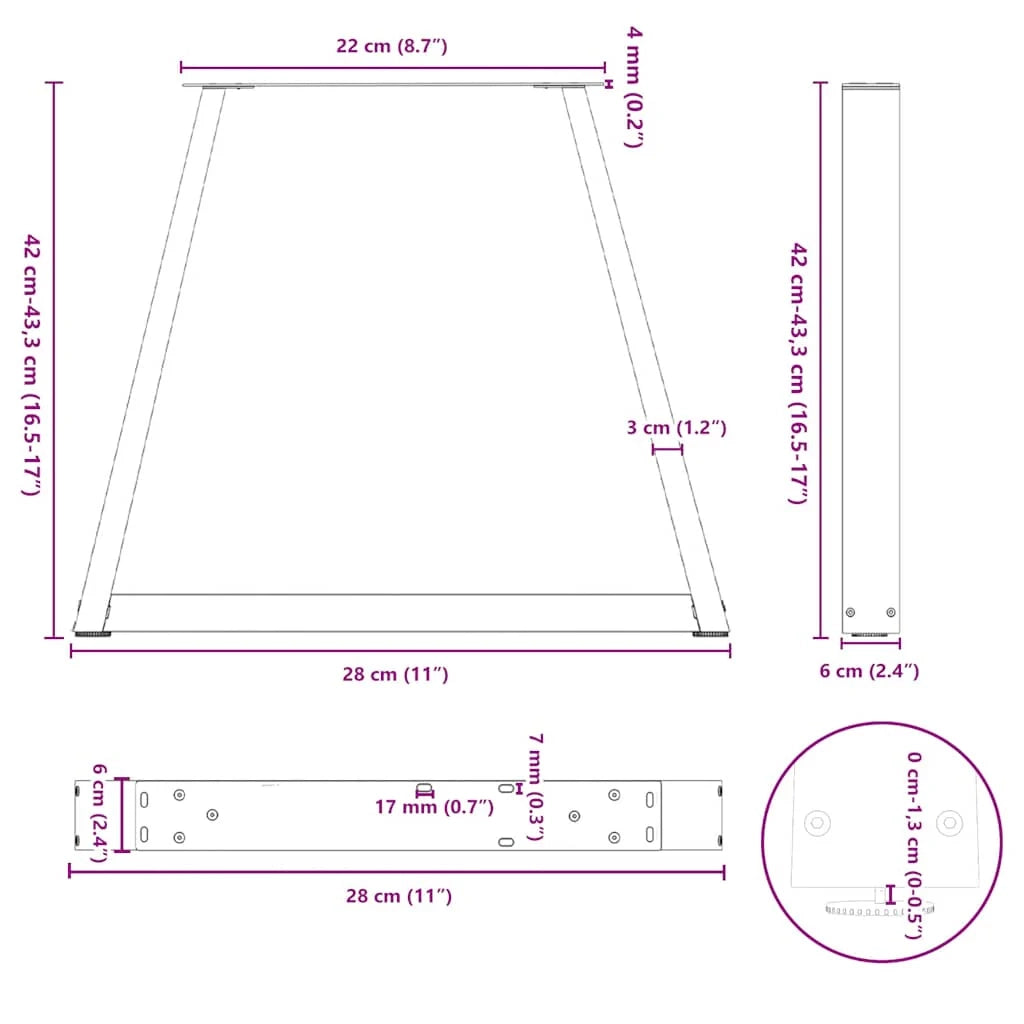 Set di 2 gambe per tavolino da caffè regolabili moderne in acciaio antracite a forma di V 28 x 43 cm 02_0056838
