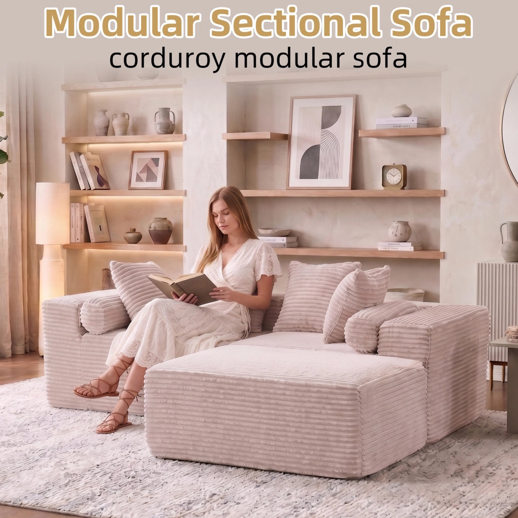 Divano modulare angolare con chaise longue senza montaggio e seduta morbida in schiuma e molle beige per soggiorno
