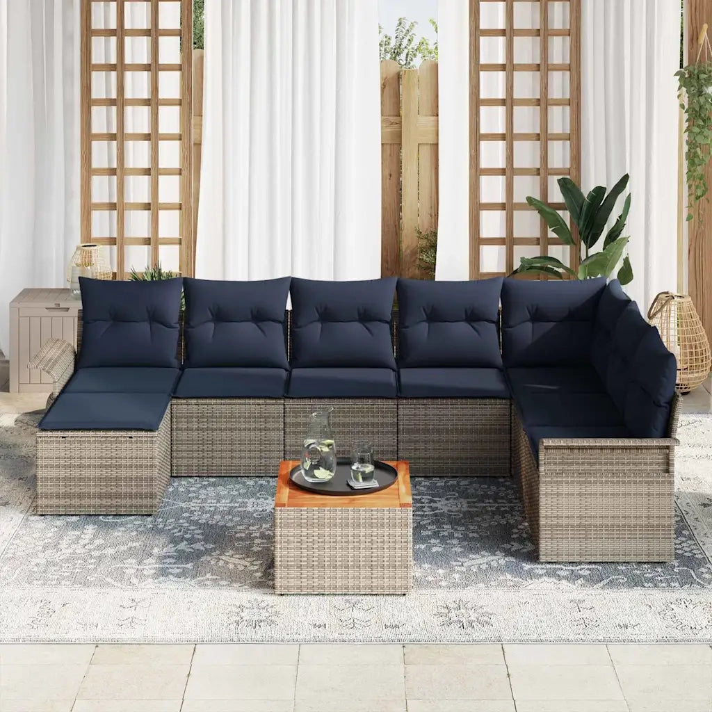 Set Divano da Giardino 9 pcs Grigio e Blu Navy polyrattan 3356036