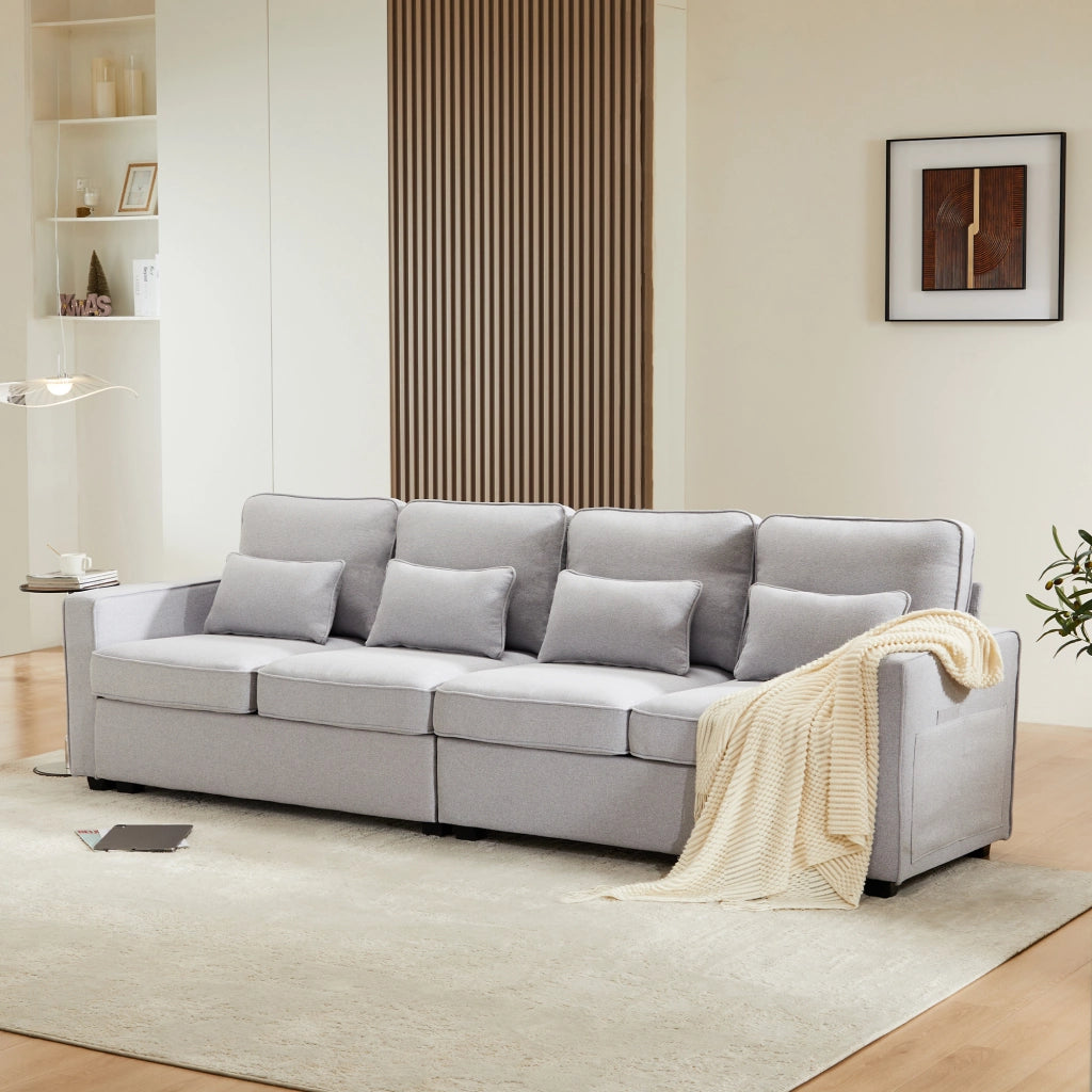 Divano Lineare 4 Posti con Tasche Laterali e 4 Cuscini; Schienale Alto Confortevole; in Lino Grigio