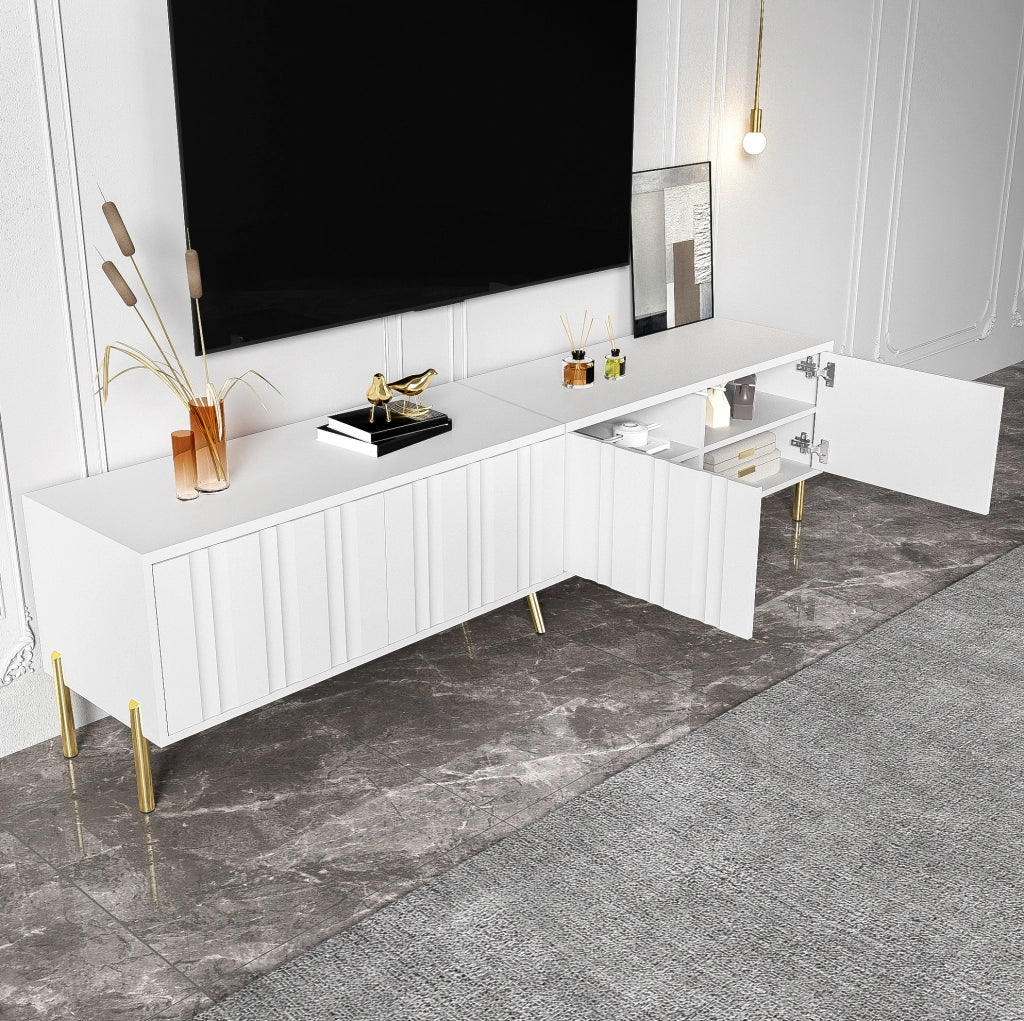 TV Schrank bianco 190 cm con 4 ante; 8 ripiani e gambe dorate