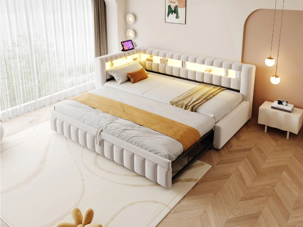 Divano letto con LED, testiera contenitore e USB, 90x200 cm, velluto beige
