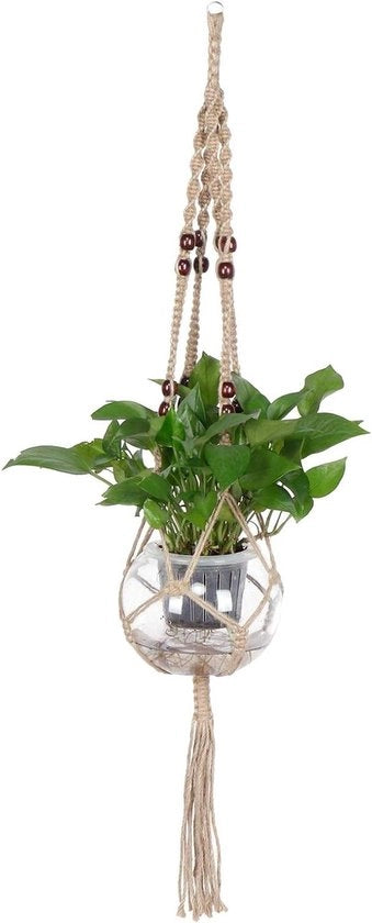 Sosteggi per piante in macramè con fune per sollevamento vaso - Appoggio per piante indoor con perle in legno per decorazione indoor outdoor.