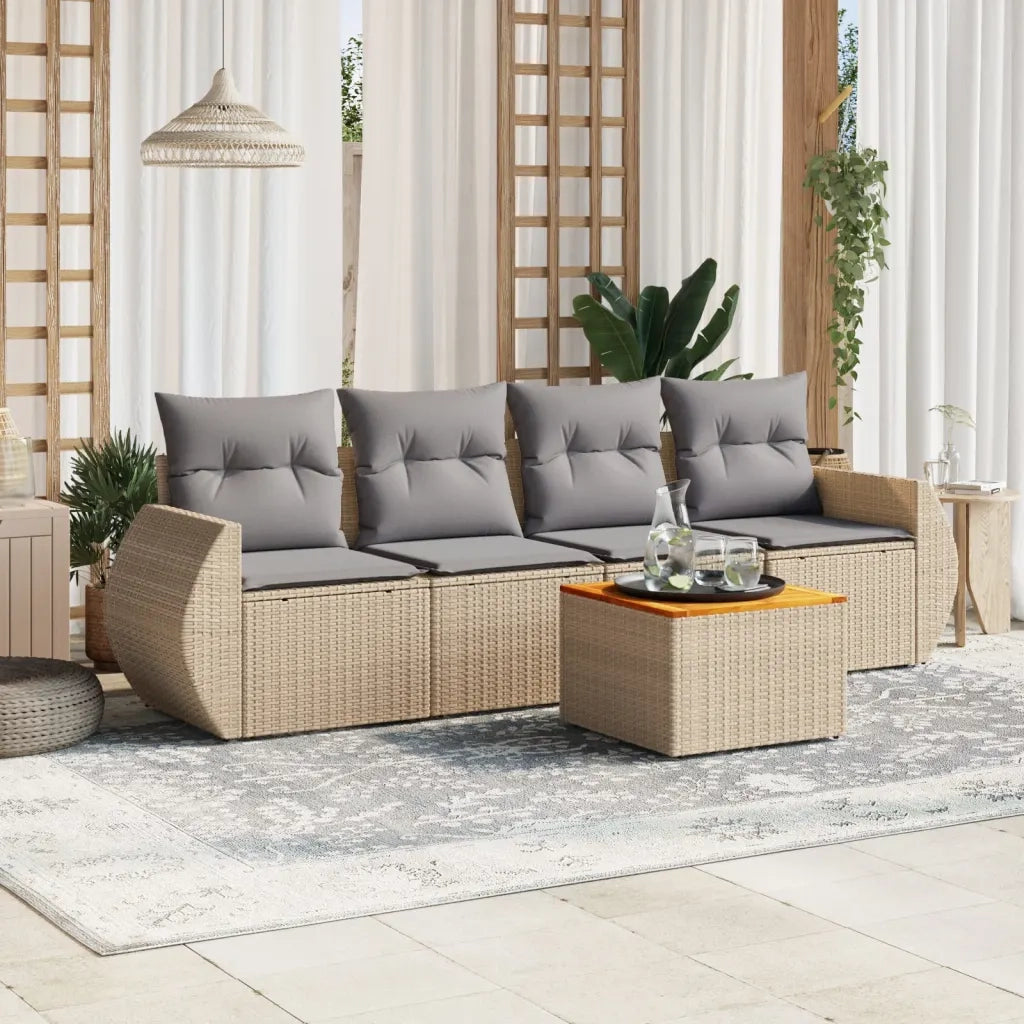 Set Divano da Giardino 5 pz | Set Salotto da Giardino con Cuscini Beige in Polyrattan