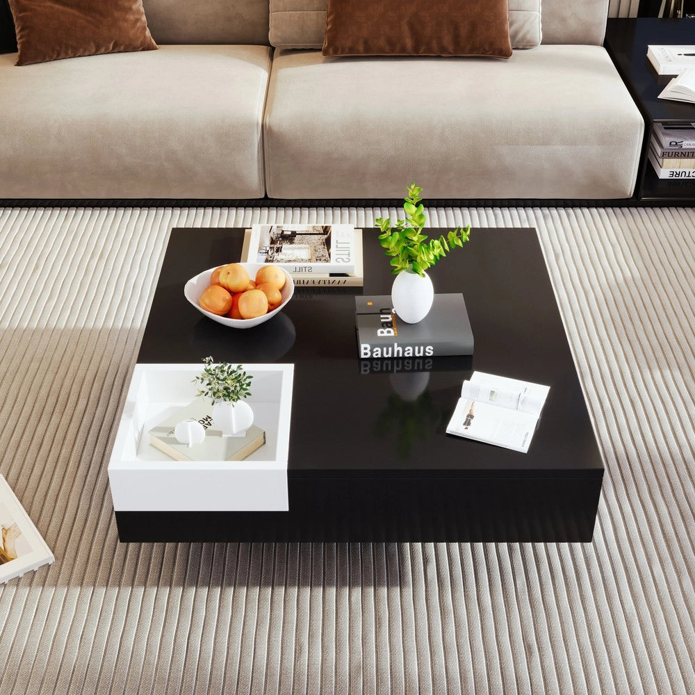 Tavolino da Salotto con LED ¨C Xylo ¨C Bianco e Nero Lucido, 72x72x30 cm