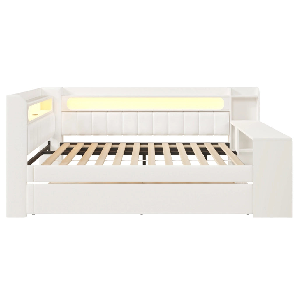 Divano letto 140x200 cm con letto estraibile; USB; LED e scrivania integrata; bianco