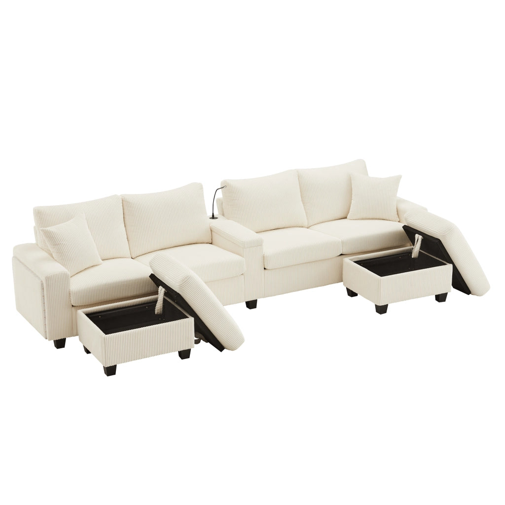 Divano ad U in Velluto a Coste con Poggiapiedi, Luce LED e USB ¨C MINIMAL ¨C Beige, 334x128.5x81 cm