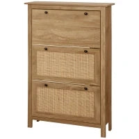 Mobile Scarpiera con 3 Ante Ribaltabili, Effetto Intreccio Rattan, in Legno, Legno Naturale