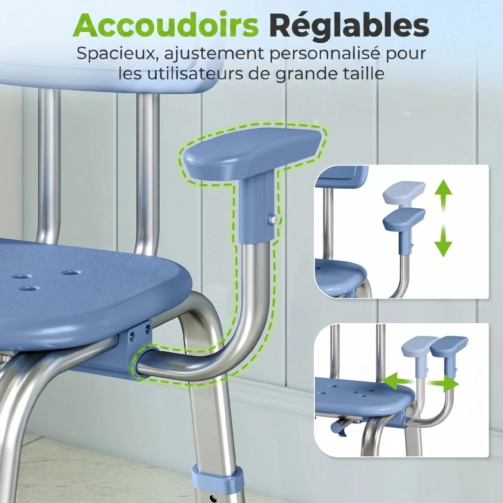 Sgabello Doccia Ergonomico con Braccioli e Schienale Regolabile ¨C Zephmum ¨C Blu