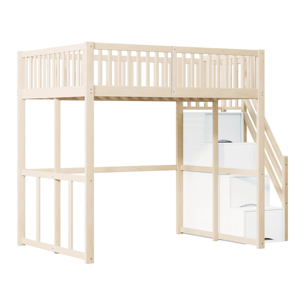 OKWISH Letto a soppalco 140×200 cm, Letto Matrimoniale con Scala con Contenitore, Sponde di Sicurezza e Scala, senza Materasso, Legno Naturale