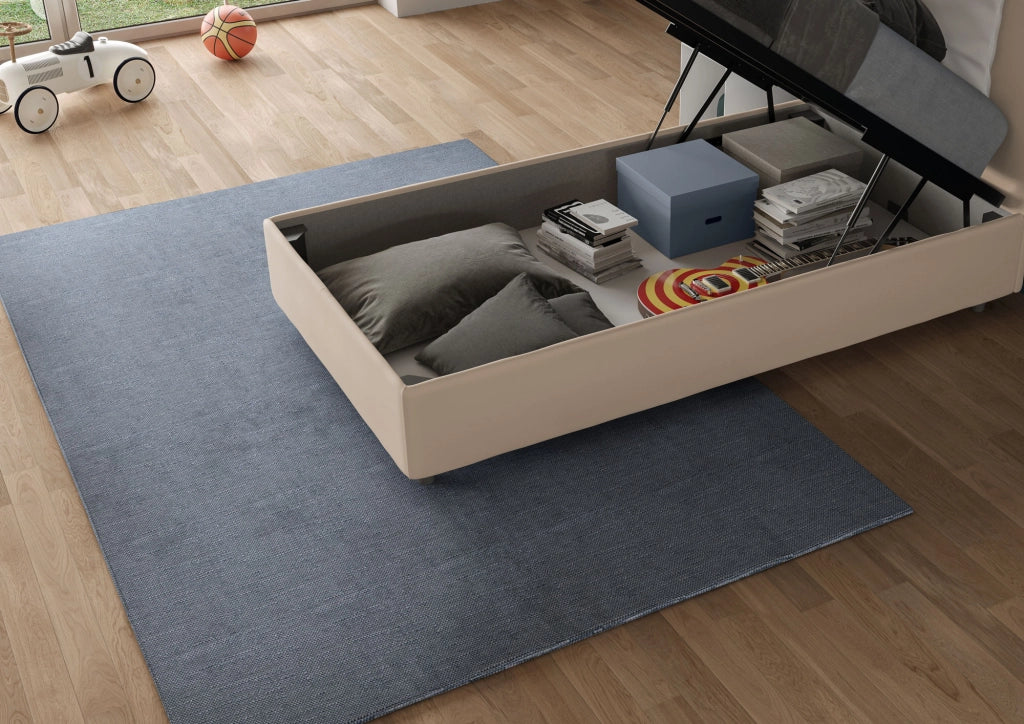BS COM Letto singolo contenitore imbottito 80x210 microfibra sabbia
