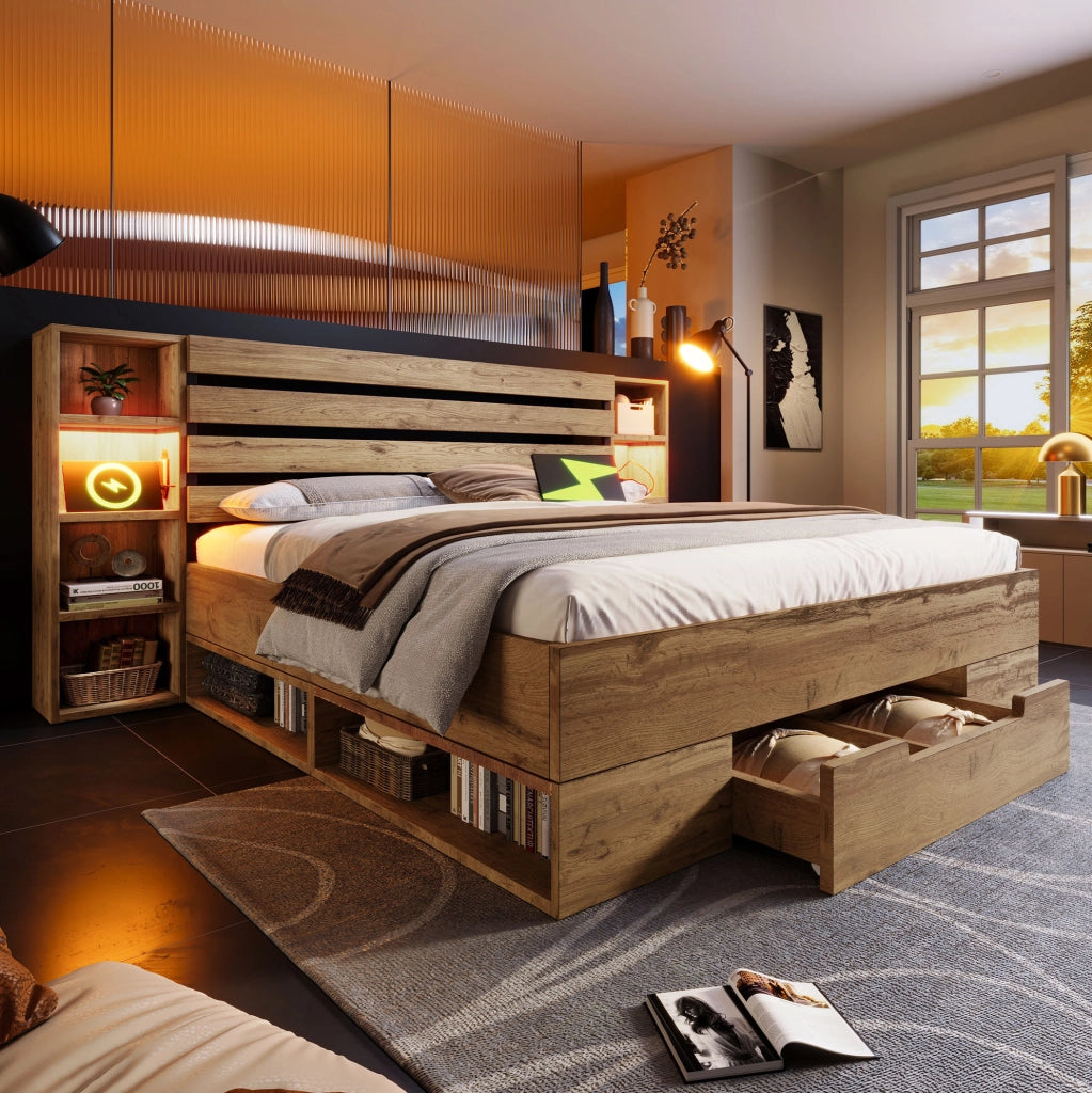 Letto matrimoniale 160x200 cm rovere con LED, USB-C, vano contenitore e cassetti