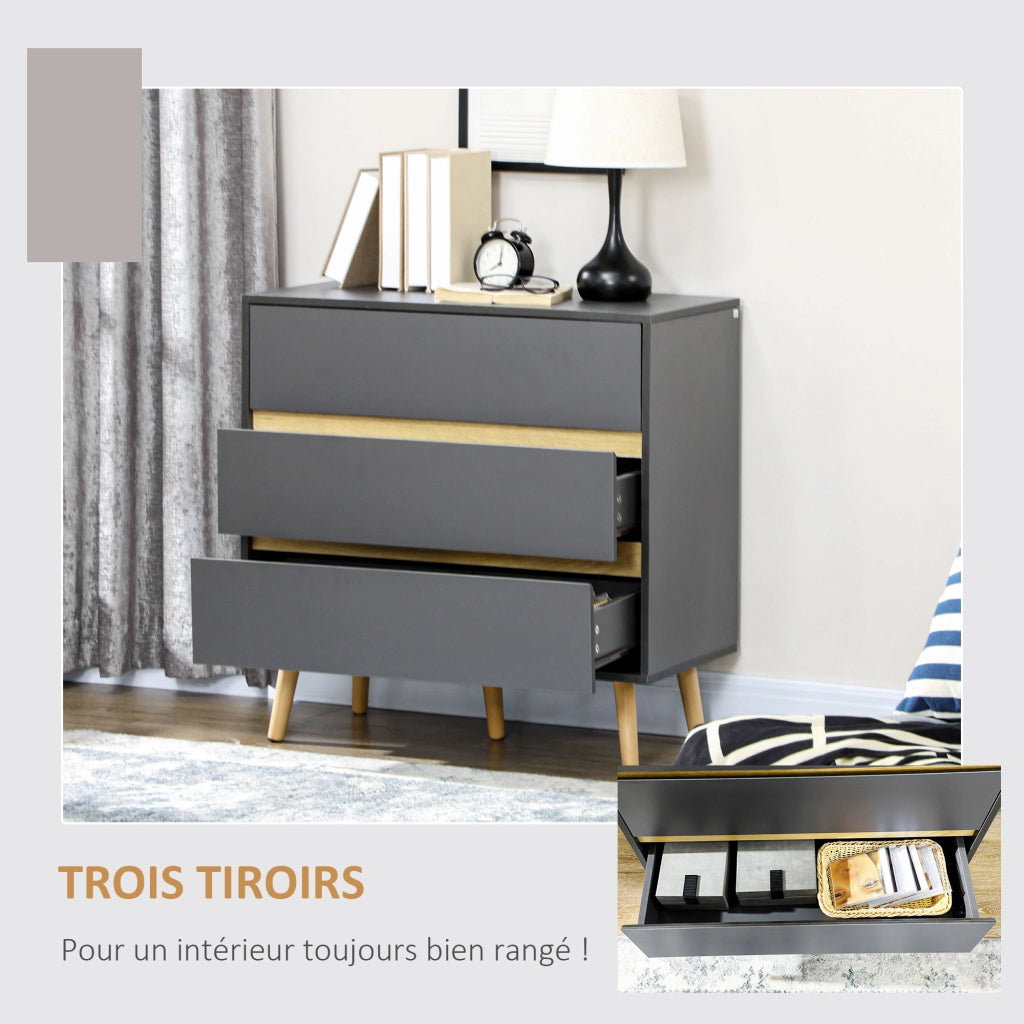 Cassettiera 3 cassetti design scandinavo senza maniglie ¨C zephmum ¨C grigio 80x40x80 cm