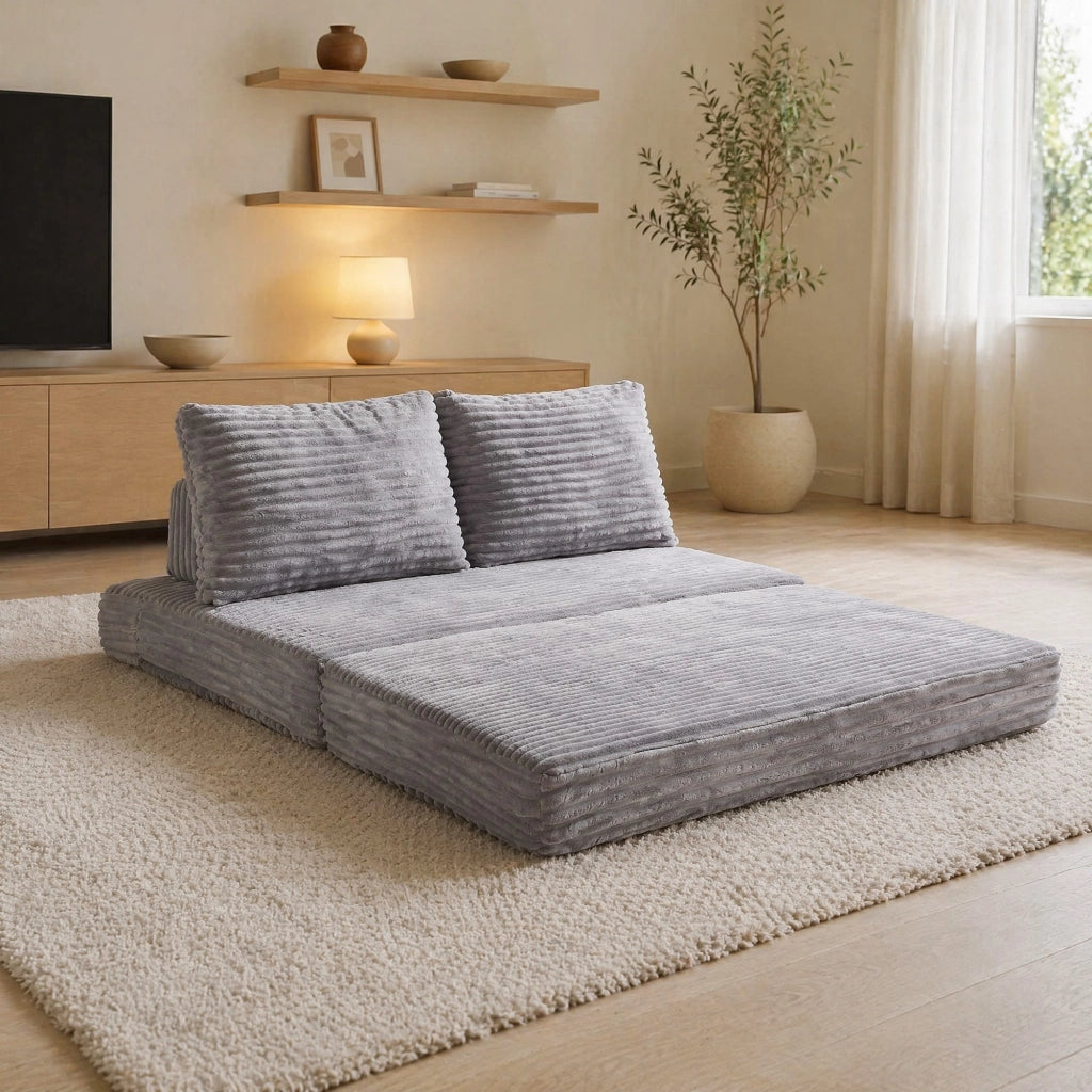Divano letto multifunzionale in tessuto con schienali removibili e texture effetto velluto, grigio chiaro