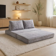 Divano letto multifunzionale in tessuto con schienali removibili e texture effetto velluto, grigio chiaro