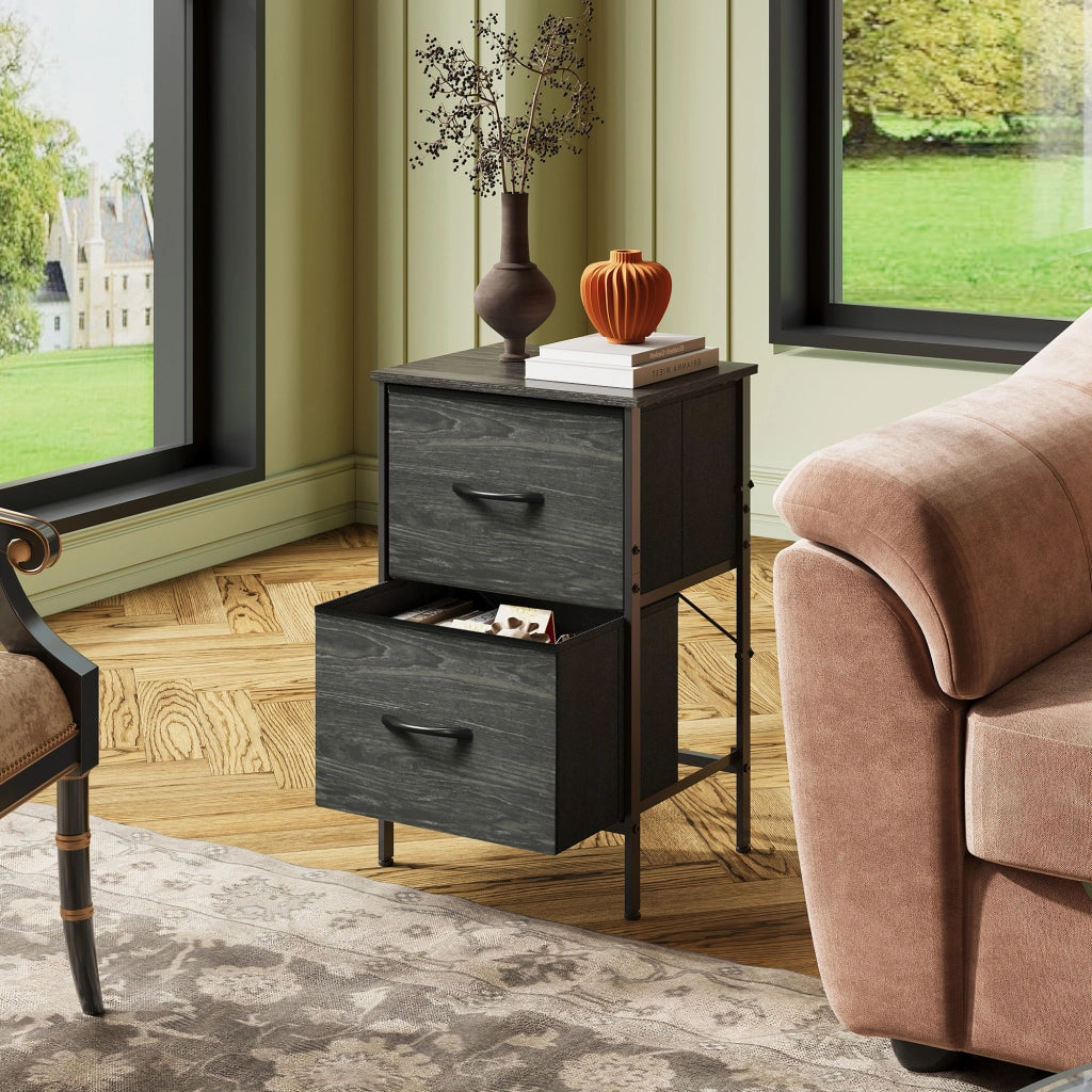 Comodino con 2 cassetti in tessuto ¨C zephmum ¨C Nero, Metallo