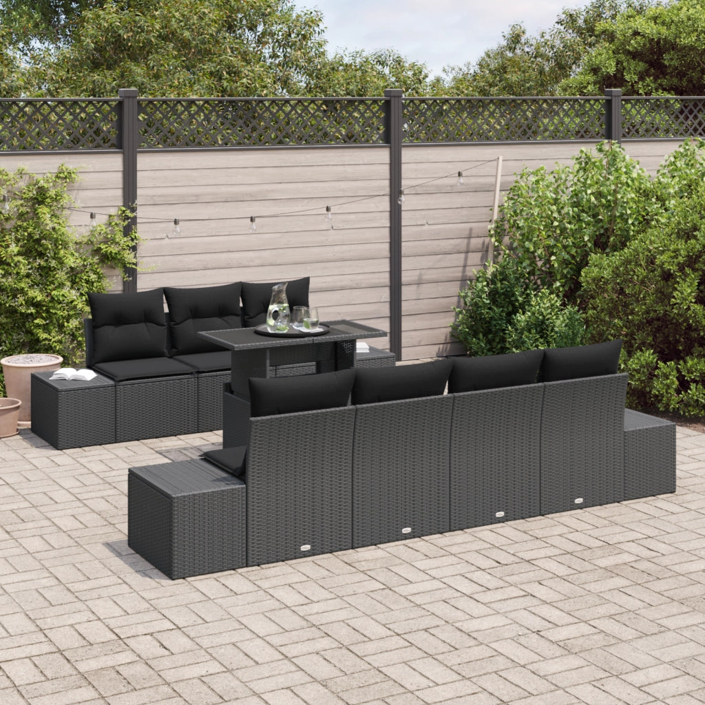 Set di divani da giardino da 8 pezzi con cuscini neri in rattan sintetico