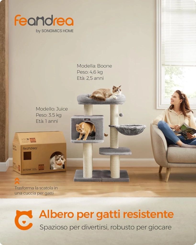 FEANDREA Tiragraffi, Albero per Gatti con Piazzola XXL in Peluche, Ampia Casetta e Cuccia Rotonda, unità Mobile, Spesse Colonne Completamente Rivestite in Corda Sisal, Stabile, Grigio Chiaro PCT01W
