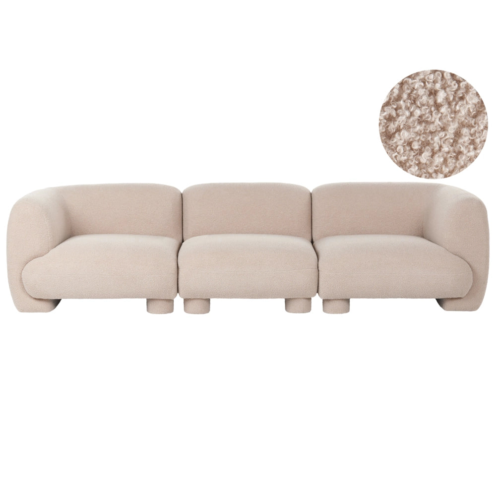 Divano modulare bouclé a tre posti profilo ribassato forma organica beige