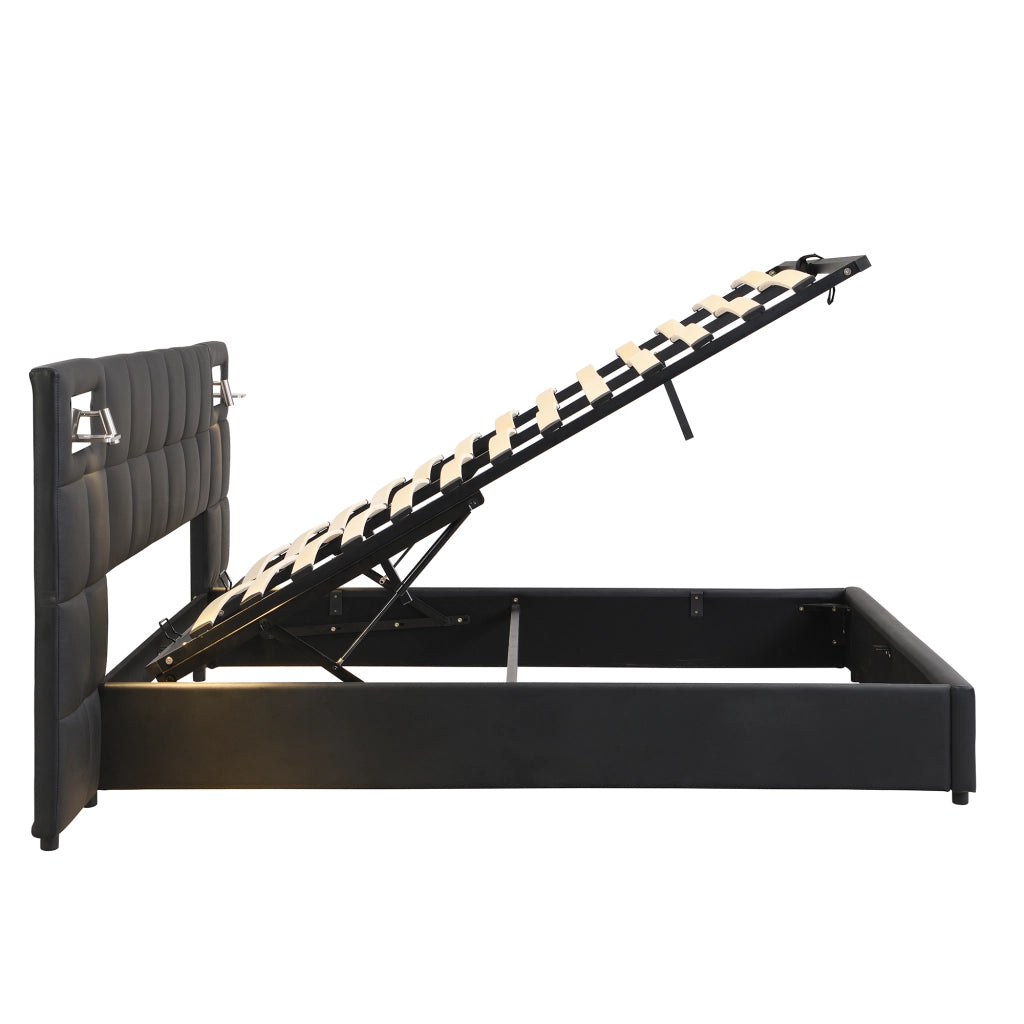 Letto Contenitore 180 x 200 cm; USB; ricarica wireless e luce - in PU - Nero