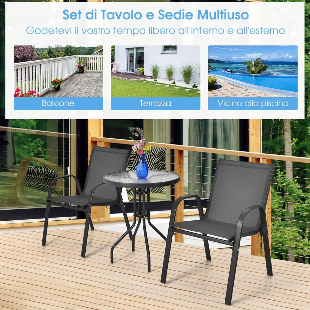 Set Mobili da Giardino 3 Pezzi, con Tavolo Rotondo in Vetro Temperato e 2 Sedie in Textilene Traspirante, per Esterno Balcone Giardino (Nero)