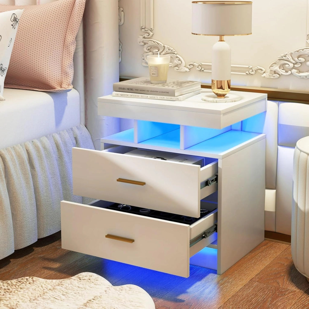 Comodino con Luci LED 50x40x58cm, Tavolino Camera da Letto Moderno con 2 Cassetti, Mobile Cameratta con Telecomando per Soggiorno e Ufficio (Bianco)