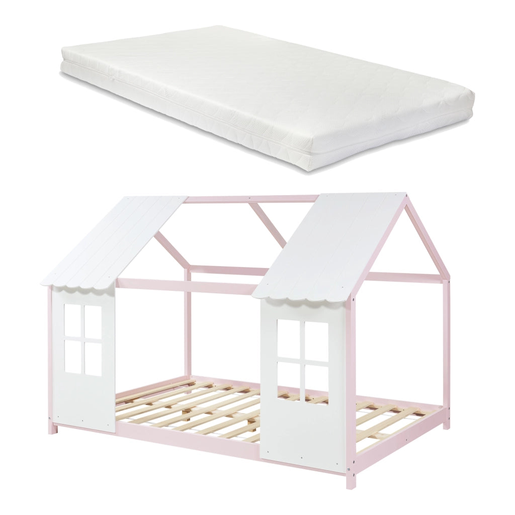 Letto Tostedt per Cameretta a Forma di Casetta con Materasso 140 x 200 Rosa / Bianco [en.casa]
