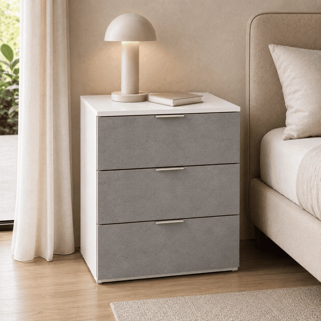 Comò 3 Cassetti Senza Piedi Cassettiera Design Minimal Mobile Per Camera Da Letto Studio E Lavanderia 77 X 38 X 80 Cm Bianco E Grigio Cemento
