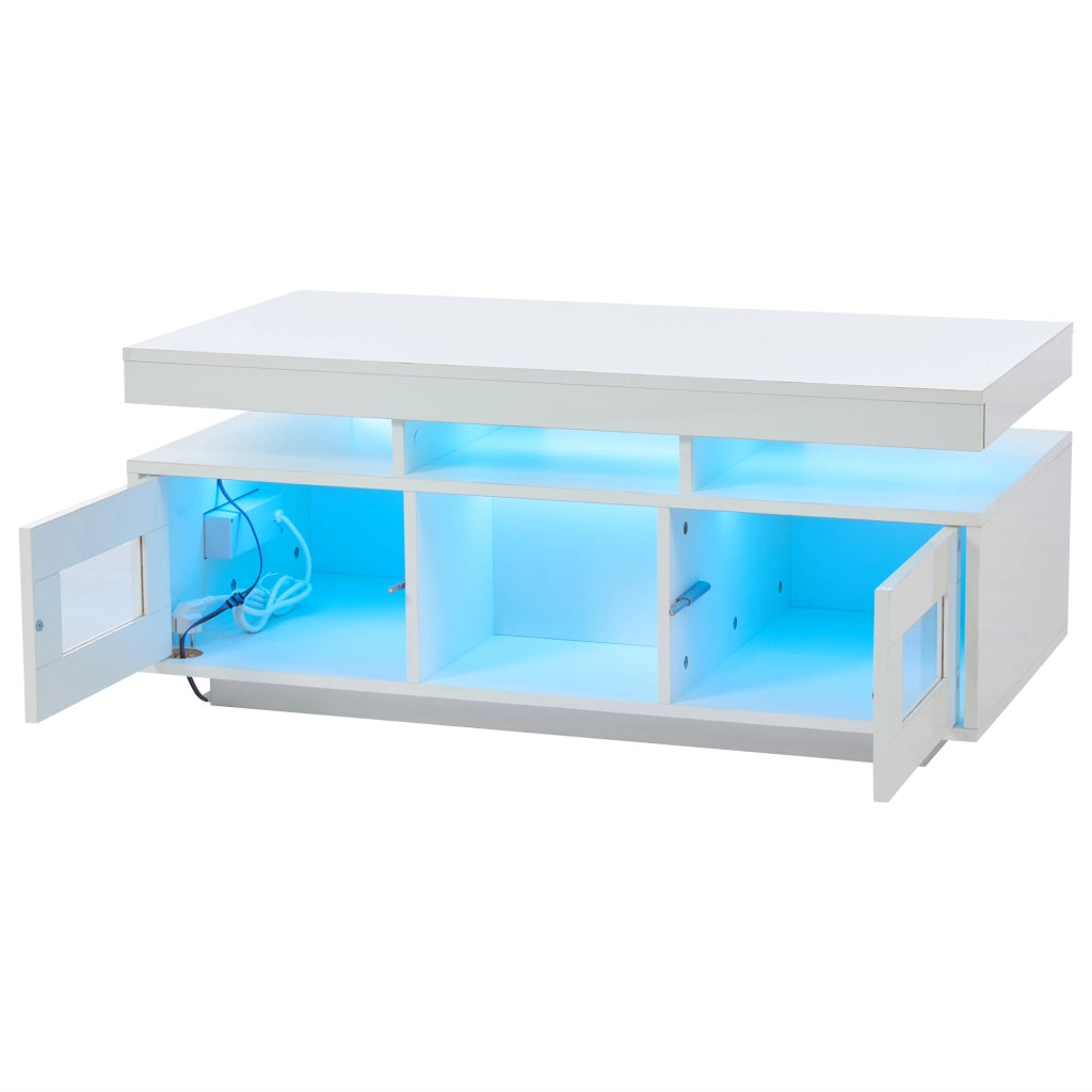 TAVOLO da caffè 100x50x43 cm Bianco lucido con LED, presa USB e ripiani