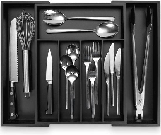 Organizzatore per cucina - Contenitore per posate in bambù - Ordinatore per cucina - Progettazione estensibile - Altezza 38 cm - Nero