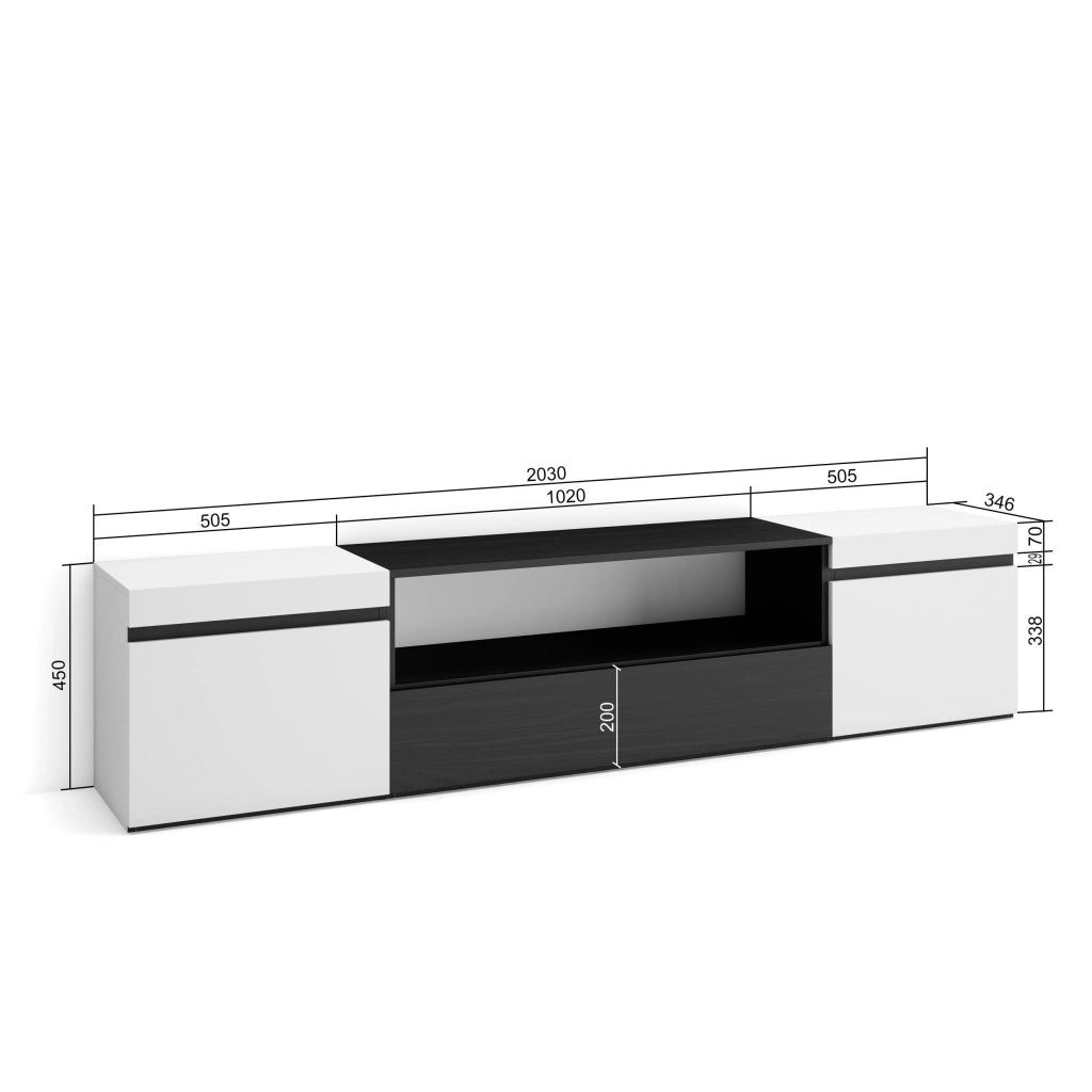 Mobile TV, 200x35x45cm, soggiorno, Per TV fino a 80", Mobile Soggiorno, Bianco e nero RF2202