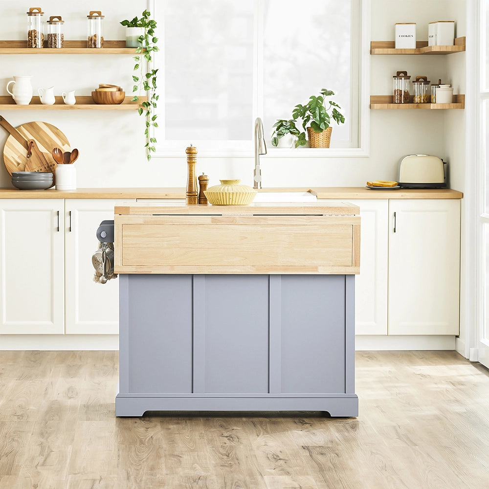 SoBuy Carrello Cucina con Ruote, Isola Cucina con Piano di Lavoro Estensibile, 2 Cassetti e Ripiani Regolabili Mobile Salvaspazio per Mobili da Cucina, Grigio 115 x 46-71 x 92 cm FKW71-II-HG