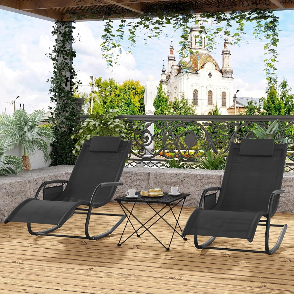 Sdraio da Giardino, Set di 2, Sedia a Dondolo da Esterno, Lettino Prendisole con Poggiatesta e Tasca, Nero, LS005sz-2