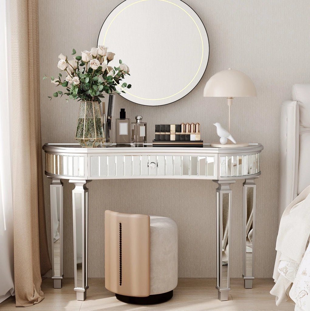 TAVOLO CONSOLLE MEZZALUNA 120 cm Grigio Argento in MDF e Vetro con Cassetto