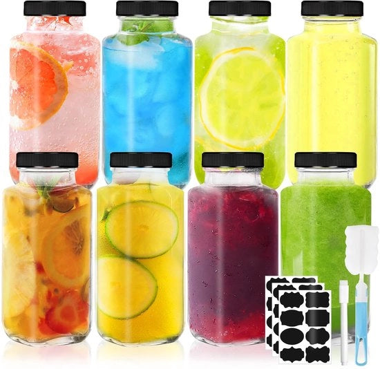 Set di bicchieri in vetro 250 ml - 8 pezzi - Riciclabili - Bicchieri per succo - Bicchieri da shot - Con coperchio in PP - Inclusi pennello/etichette - Imbottigliatori