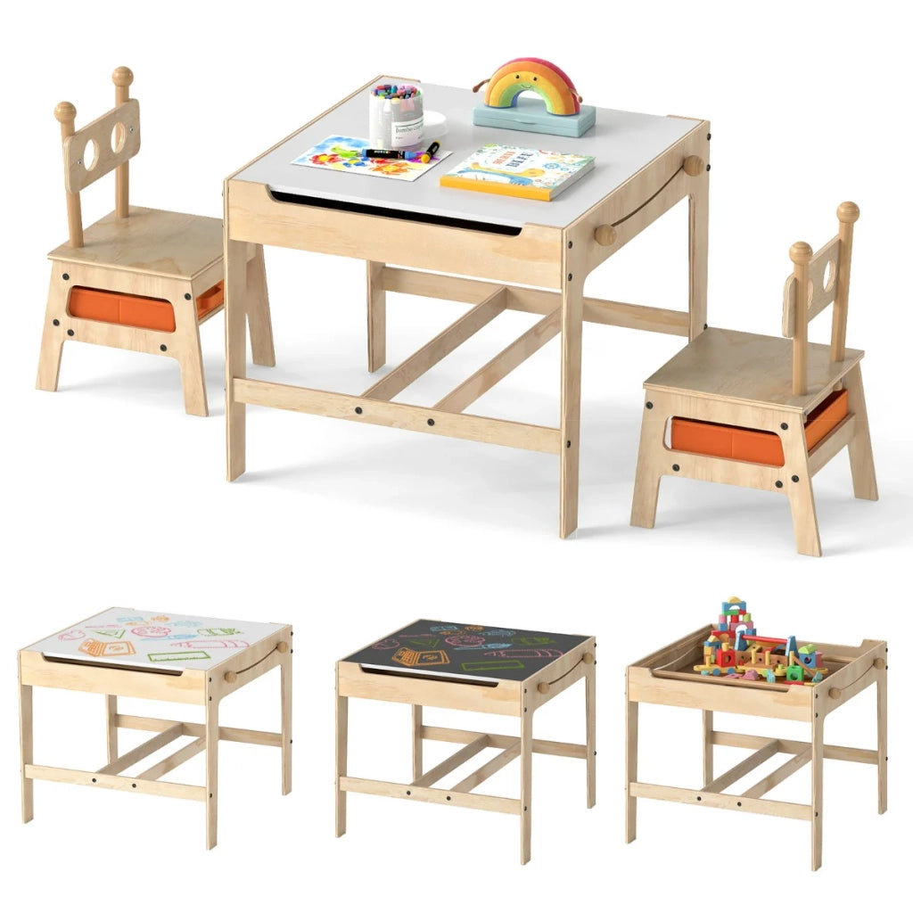 Tavolo e sedie per bambini 4 in 1 60 x 60 x 49 cm con pratico vano contenitore stile naturale 20_0018935