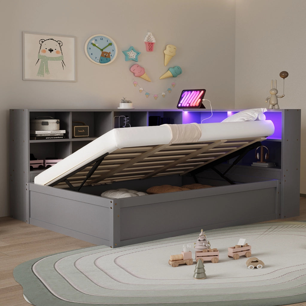 Letto multifunzione 90x200 cm con LED, presa e vani grigio